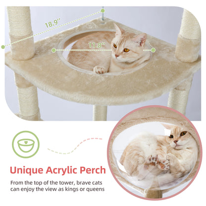 Arbre à chat réglable du sol au plafond avec 9 poteaux à griffer en sisal, condo douillet, hamac en peluche, perchoirs et balle à ressort – grand centre d’activité vertical multi-chats idéal pour les grandes famille