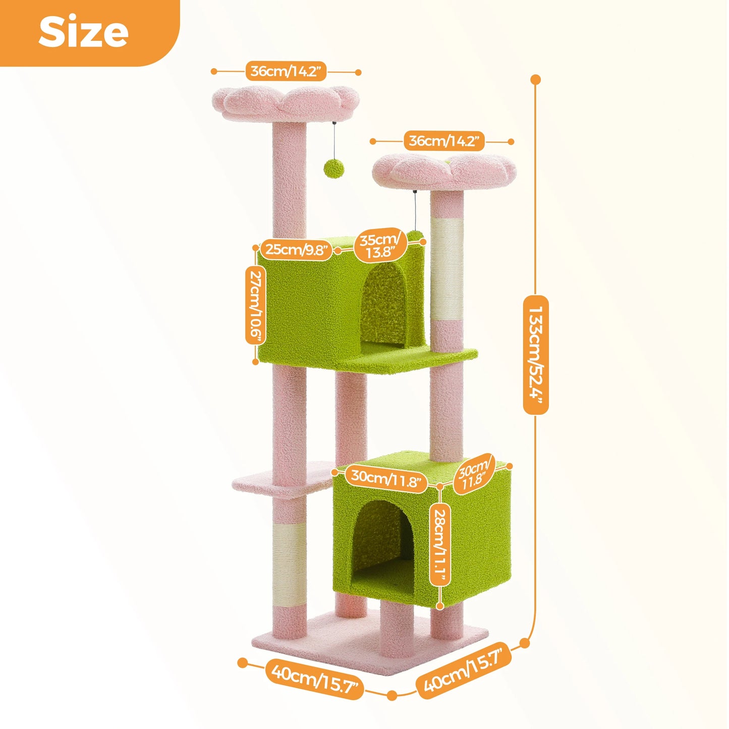 Arbre à chat cactus de 133 cm pour chats d’intérieur avec 2 perchoirs rembourrés, 2 condos douillets, 2 poteaux à griffer en sisal et pompons suspendus remplaçables – aire de jeux multi-chats peu encombrante.