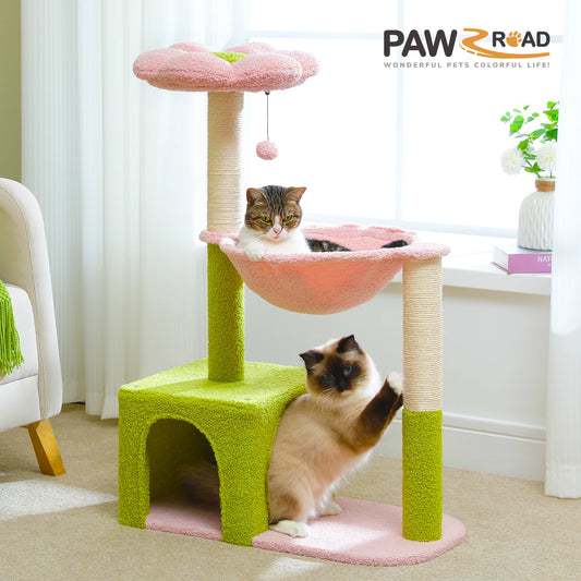 Arbre à chat fleuri avec grand hamac à cadre métallique, poteaux à griffer en sisal et perchoir rose – tour à chat stable, facile à nettoyer, avec condo spacieux à deux portes, idéal pour petits chats en intérieur.