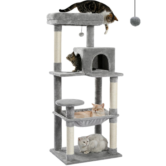 Tour d'arbre à chat à 5 niveaux pour grands chats avec hamac extra-large, niche confortable, poteaux à griffer en sisal et perchoir moelleux – Centre d'activités d'intérieur adapté aux chats lourds