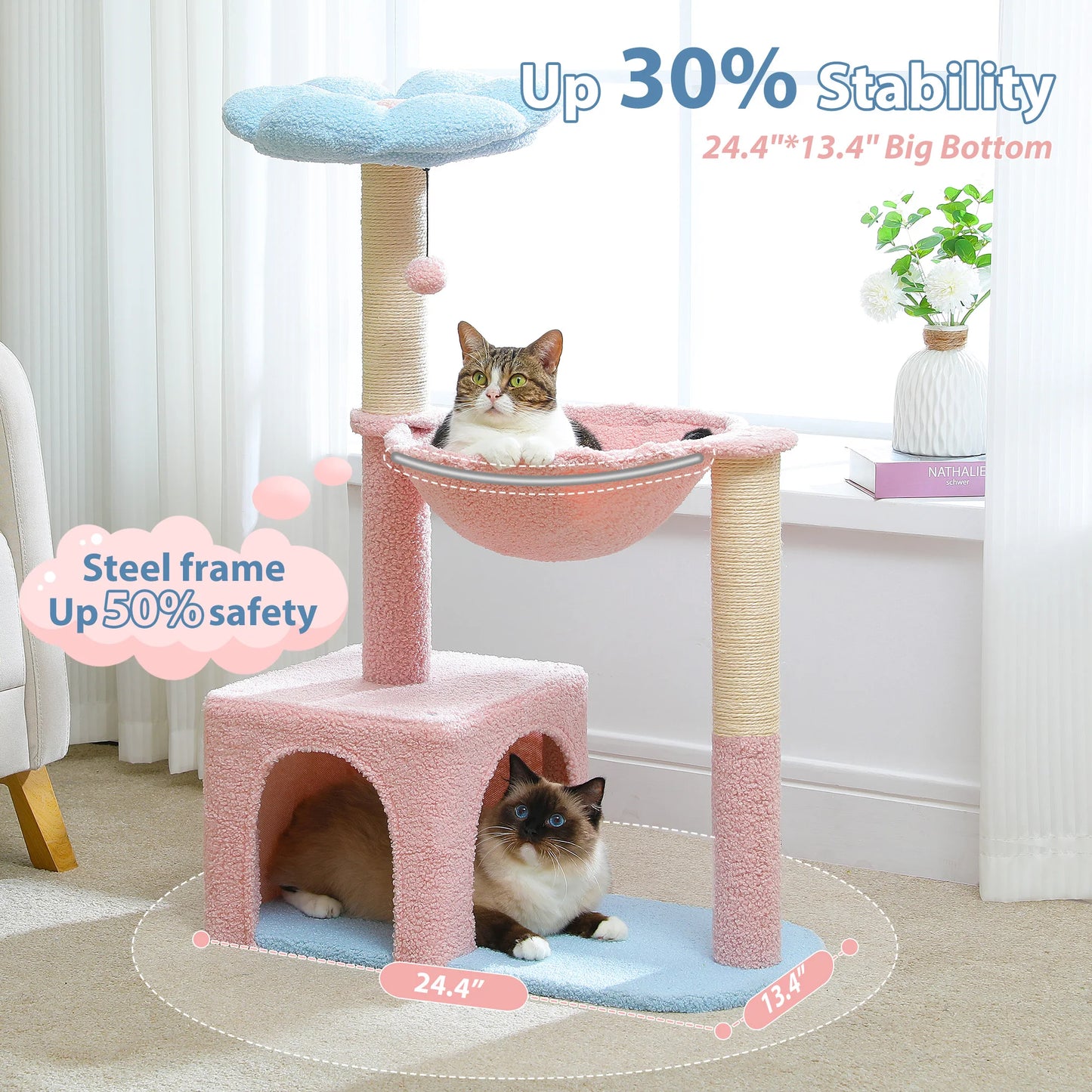 Arbre à chat fleuri avec grand hamac à cadre métallique, poteaux à griffer en sisal et perchoir rose – tour à chat stable, facile à nettoyer, avec condo spacieux à deux portes, idéal pour petits chats en intérieur.