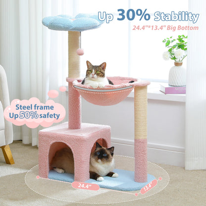 Arbre à chat fleuri avec grand hamac à cadre métallique, poteaux à griffer en sisal et perchoir rose – tour à chat stable, facile à nettoyer, avec condo spacieux à deux portes, idéal pour petits chats en intérieur.